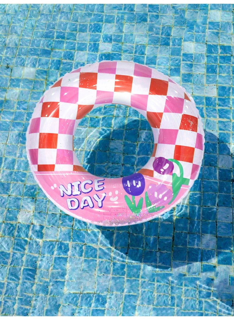 70# Inflatable Swim Ring, Pink Checkered Swimming Float with Sequins, Cute Tulip Print Pool Float for Kids & Adults - Image 1