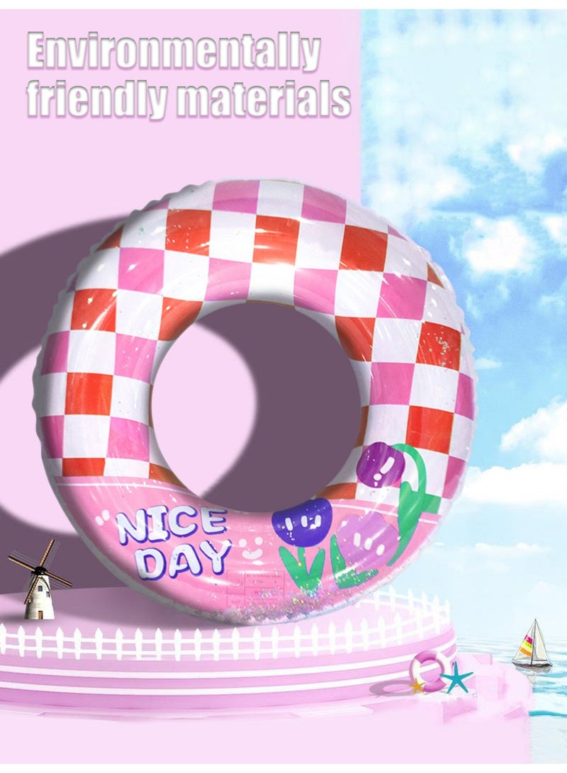 70# Inflatable Swim Ring, Pink Checkered Swimming Float with Sequins, Cute Tulip Print Pool Float for Kids & Adults - Image 5