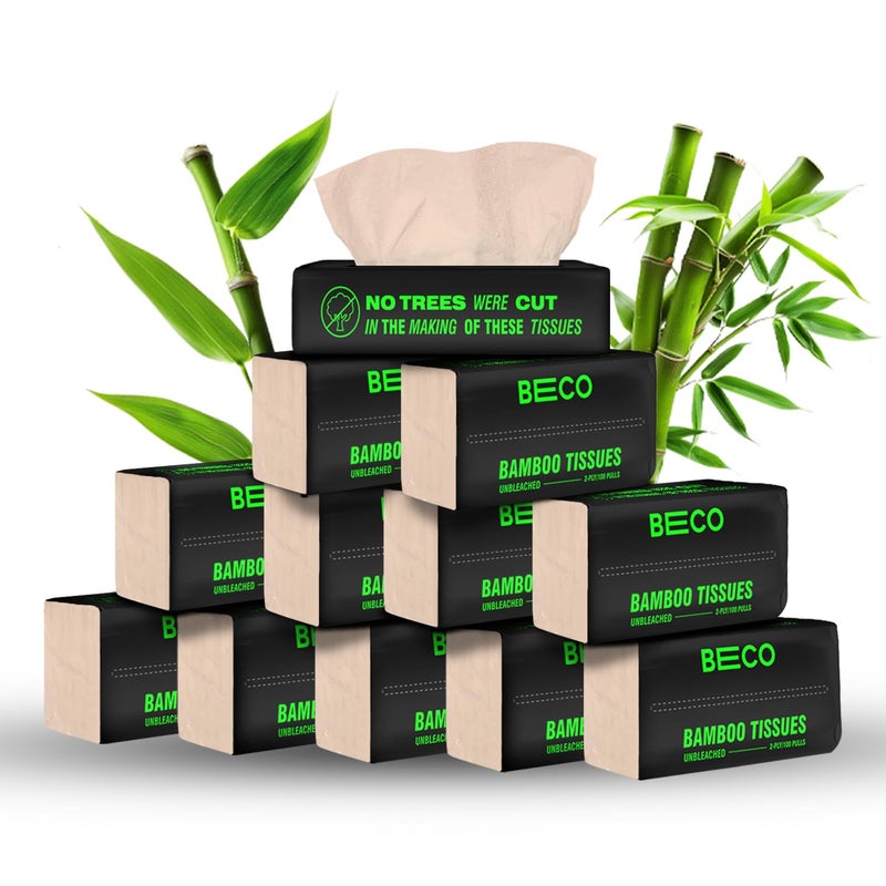BECO Bamboo Facial Tissue Paper Box-Soft Pack | 100 pulls x 12 packs | Super Soft, Skin Friendly & Highly Absorbent Face Tissue Napkins | Car Tissues | 100% Natural & Ecofriendly | 2 ply-1200 Pulls - Image 1