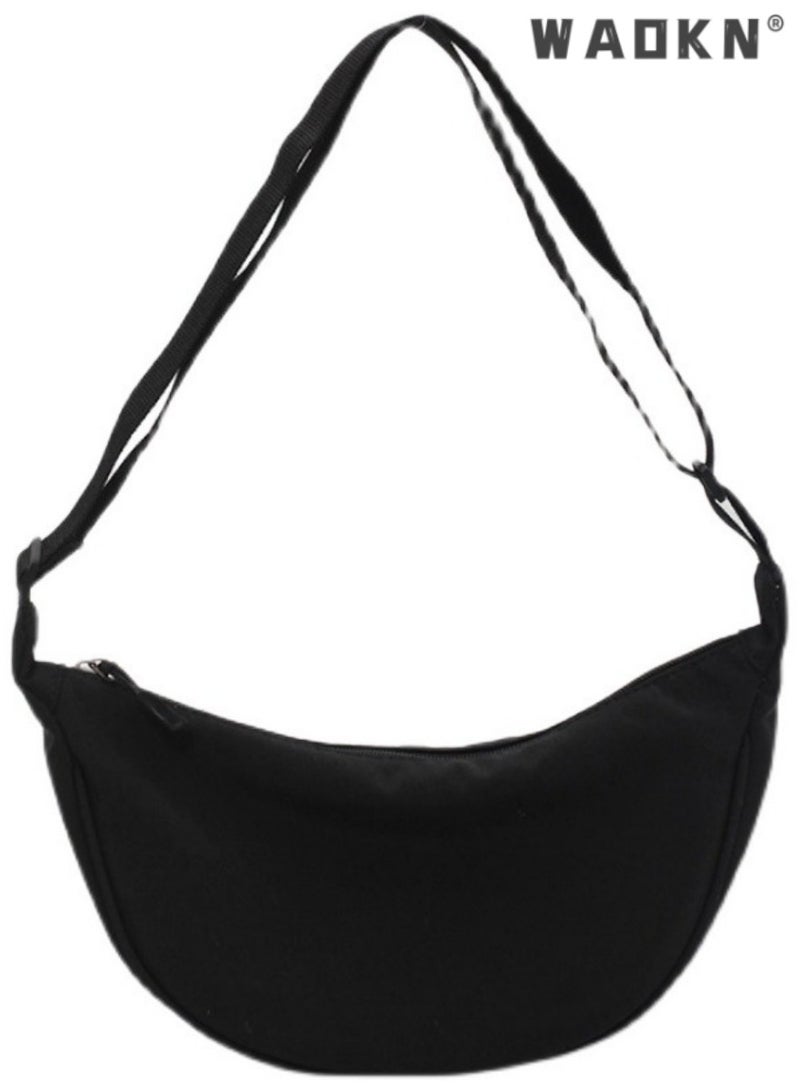 WAOKN Women's New Simple Crossbody Bag, Daily Commuting Shoulder Bag for Students, Crescent-shaped Nylon Material Chest Bag Sling Bag for Teenagers（Black） - Image 1