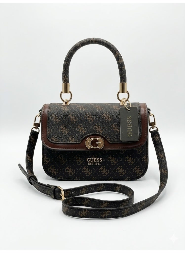 GUESS Luxury Monogram Handbag with Adjustable Crossbody Strap – Dark Brown - Image 3