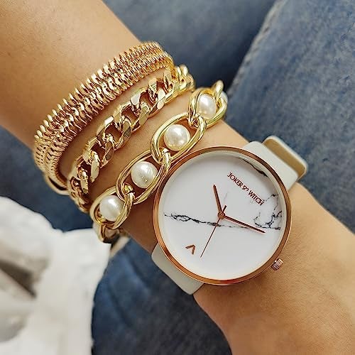 Joker & Witch Leather Women Nova Analog Watch Bracelet Stack Combo, White Dial, Gray Band - Image 2