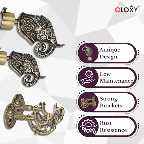 GLOXY ENTERPRISE GLOXY Aluminium Rajwada Elephant Shape Antique Curtain Brackets with Support 1 Inch Rod Pocket Finials Designer Window(3 Pair) - Stylish, Durable Window Decor Solution for Elegant Home Interiors - Image 3