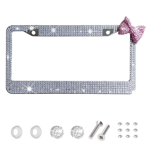 Wanheart License Plate Frame for Women Rhinestone License Plate Frame with Bow Sparkly Car Tag Frame Cute Girly Car Accessories Gift 1 White Frame Pink Bow - Image 1