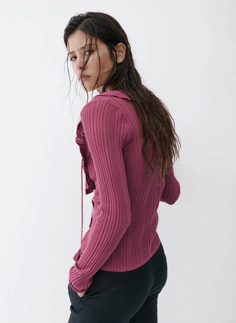 مانجو Textured Knit Cardigan With Ruffled Detail