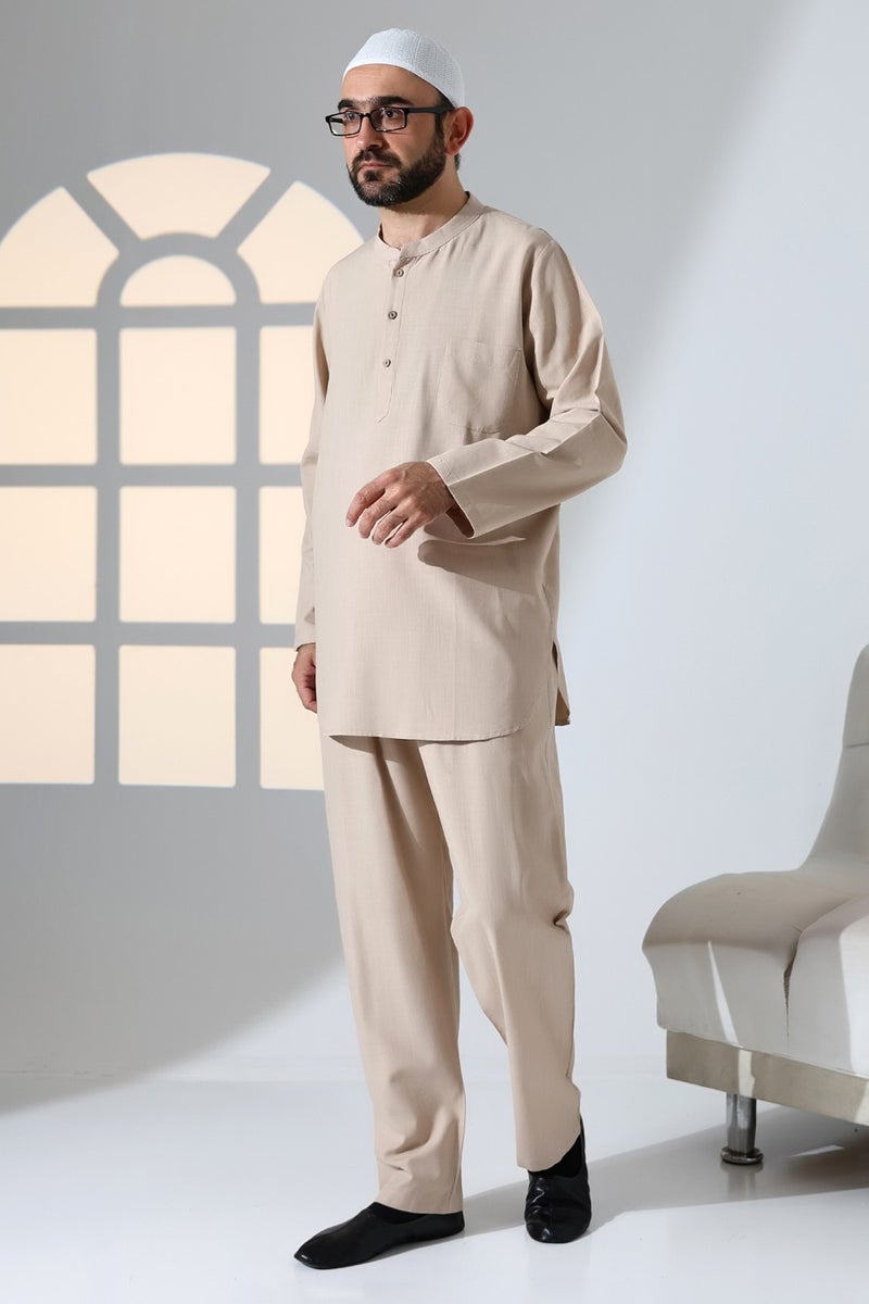 İhvan Online Ihvan Online Men's Single Pocket Mandarin Collar Shirt Trousers Linen Two Piece Set Hajj Umrah Outfit - Beige - Image 4