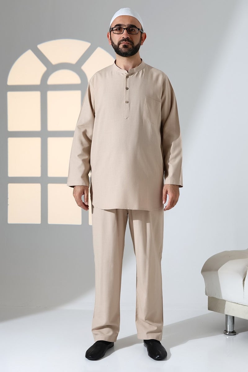 İhvan Online Ihvan Online Men's Single Pocket Mandarin Collar Shirt Trousers Linen Two Piece Set Hajj Umrah Outfit - Beige - Image 1