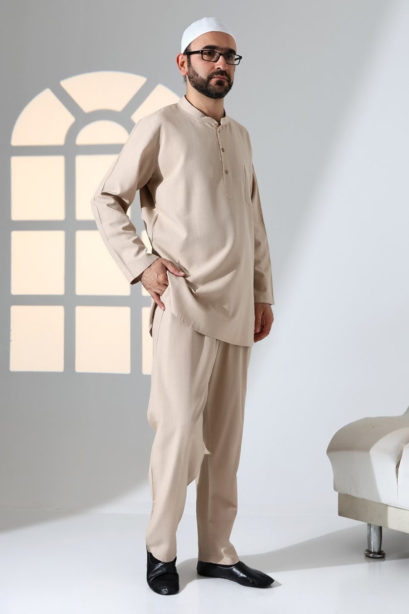 İhvan Online Ihvan Online Men's Single Pocket Mandarin Collar Shirt Trousers Linen Two Piece Set Hajj Umrah Outfit - Beige - Image 2