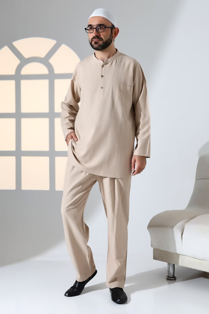 İhvan Online Ihvan Online Men's Single Pocket Mandarin Collar Shirt Trousers Linen Two Piece Set Hajj Umrah Outfit - Beige - Image 3