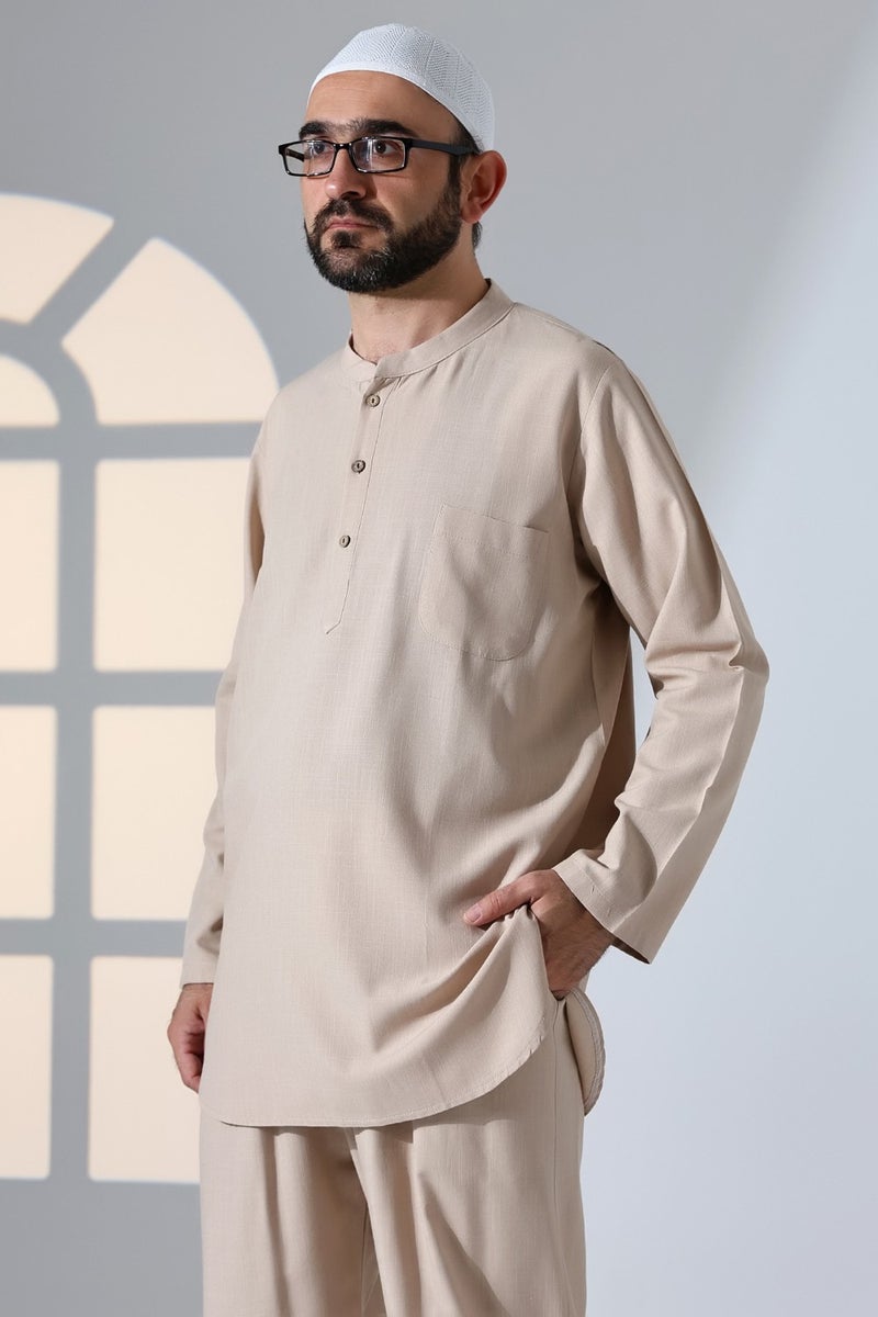İhvan Online Ihvan Online Men's Single Pocket Mandarin Collar Shirt Trousers Linen Two Piece Set Hajj Umrah Outfit - Beige - Image 5