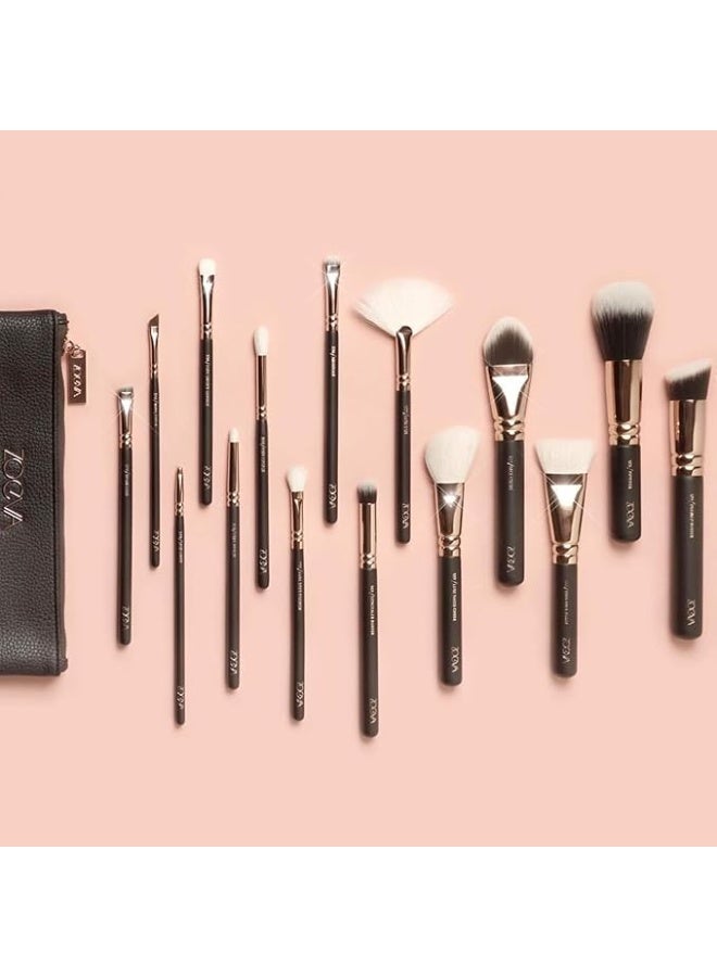 زويفا مجموعة فرش مكياج كاملة باللون الوردي الذهبي، المجلد 1، مجموعة فرش احترافية مكونة من 15 قطعة مع حقيبة جلدية - Image 3