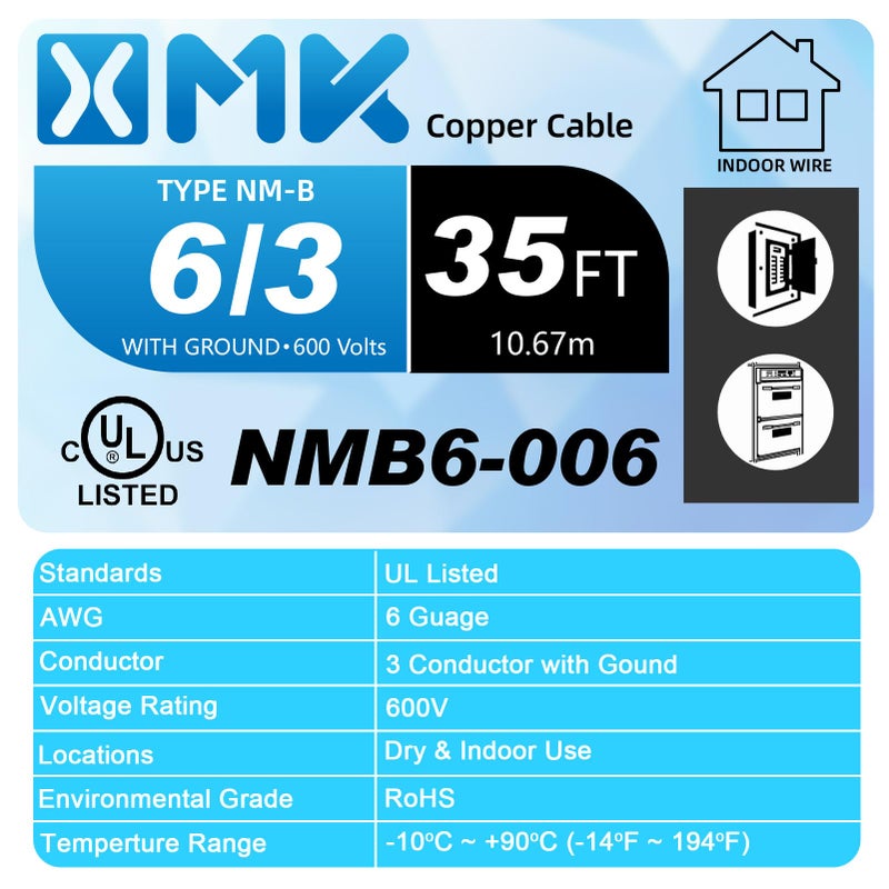XMK NM-B 6/3 Wire with Ground,35ft 6 AWG Copper Wire,6 Gauge 3 Conductor Nonmetallic Sheathed 6/3 NM-B Cable with Ground,Residential Indoor Electrical Wiring for Branch Circuit Switches,Outlets,Other Load - Image 2