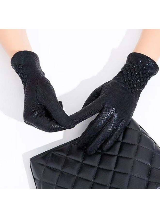 قفازات نسائية شتوية بنقشة جلد الثعبان مع بطانة دافئة، قفازات مرنة مبطنة بالفرو الناعم للدفء - Image 3
