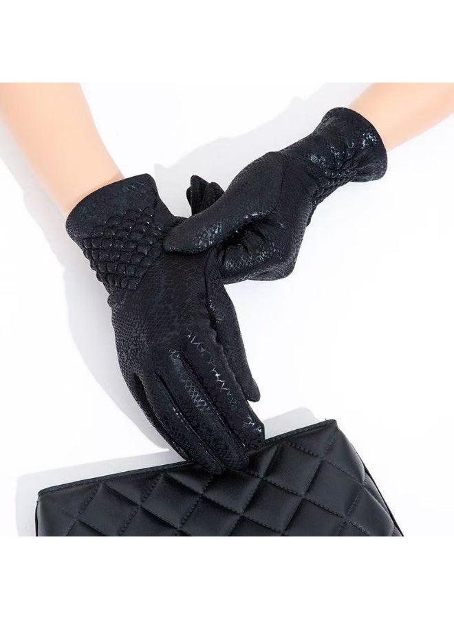 قفازات نسائية شتوية بنقشة جلد الثعبان مع بطانة دافئة، قفازات مرنة مبطنة بالفرو الناعم للدفء - Image 4