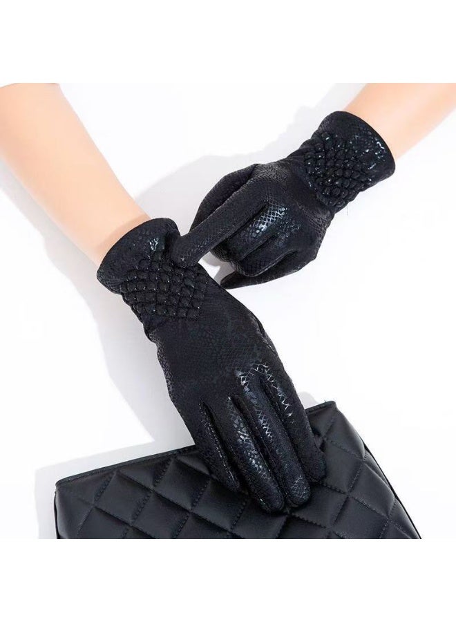 قفازات نسائية شتوية بنقشة جلد الثعبان مع بطانة دافئة، قفازات مرنة مبطنة بالفرو الناعم للدفء - Image 5
