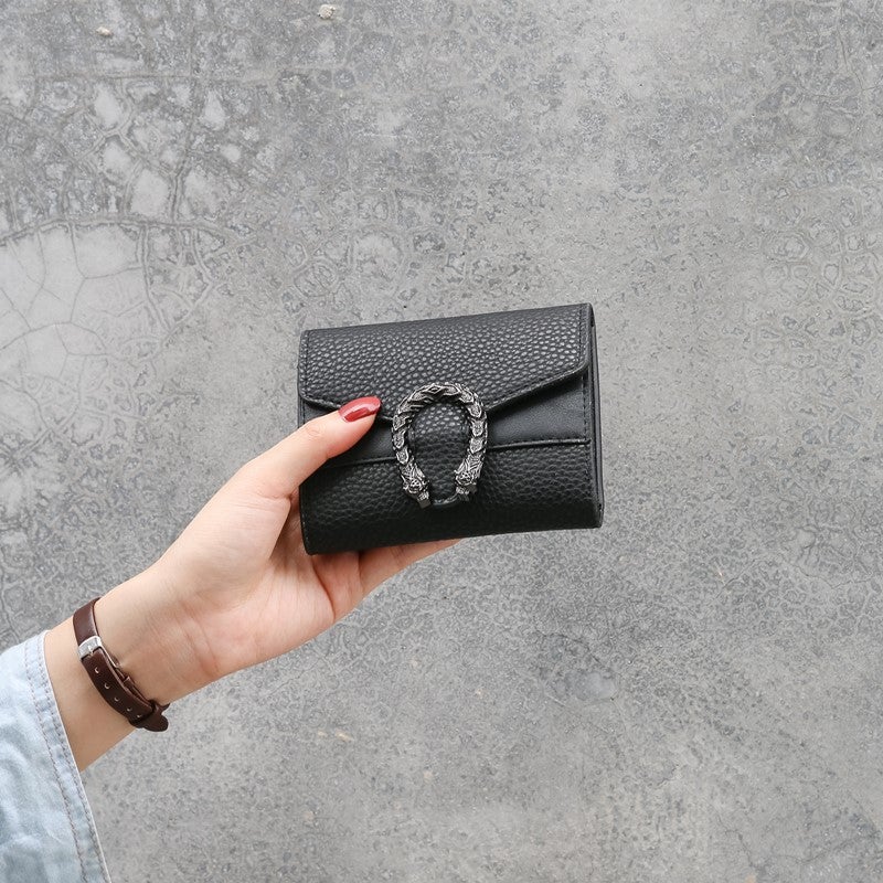 Factory wholesale short wallet womens cute student small wallet litchi pattern simple mini folding portable wallet Black 