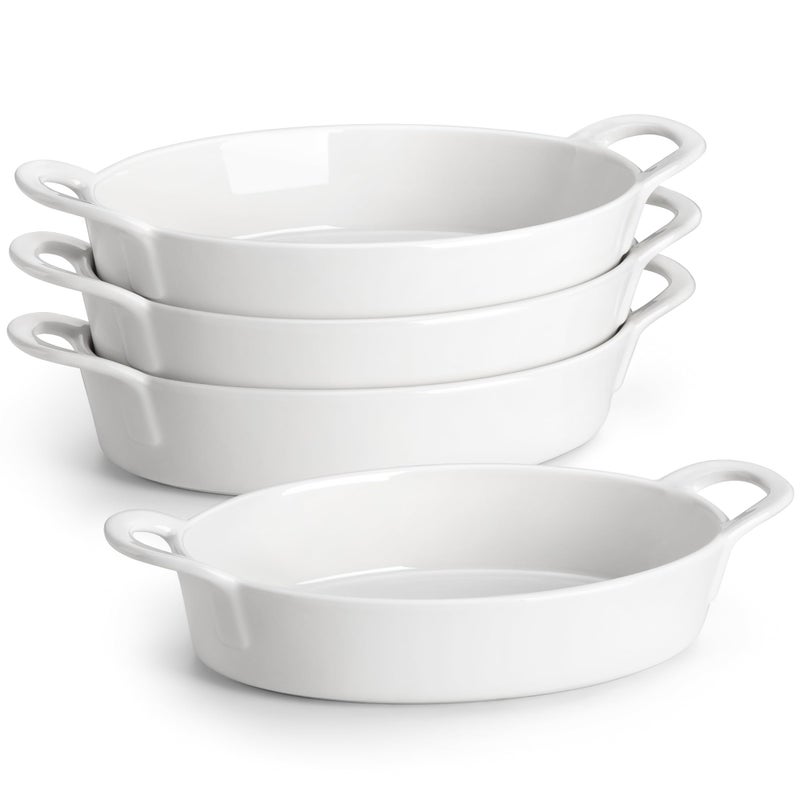 MALACASA Oval Au Gratin Baking Dish 22 oz Casserole Dishes for Oven Safe Ceramic Mini Baking Pan with Handles Set of 4 Small Au Gratin Pans for Roasting Lasagna Pie Baking Meat  Vegetables White
