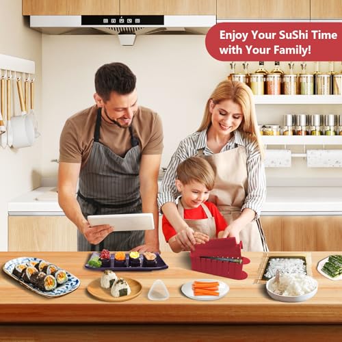 HI NINGER Sushi Maker Set, 24-piece sushi maker kit for beginners to make their own sushi. Can be used as a sushi plate with rice roll molds, knife, sushi plate,sushi rolling mat (red) - Image 3