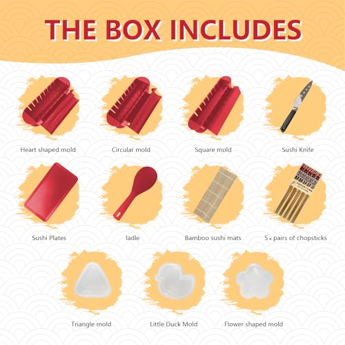 HI NINGER Sushi Maker Set, 24-piece sushi maker kit for beginners to make their own sushi. Can be used as a sushi plate with rice roll molds, knife, sushi plate,sushi rolling mat (red) - Image 2