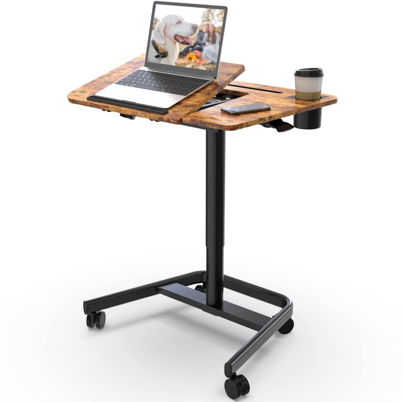 JOY worker Mobile Standing Desk Height Adjustable Table 60 Tiltable Rolling Laptop Desk Portable Sit Stand Desk with Wheels Cup Holder for Bed Couch Hospital Holds Up to 22lbs Rustic