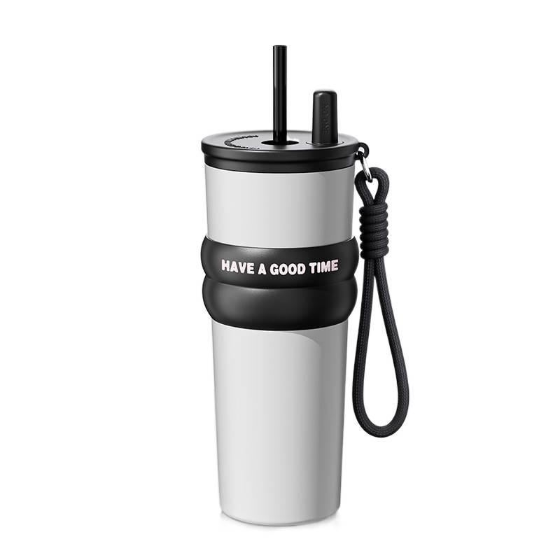 710 ml Stainless Steel Coffee Mug with Easy Carry Handle and Straw Top in with Ceramic Lining - Image 1