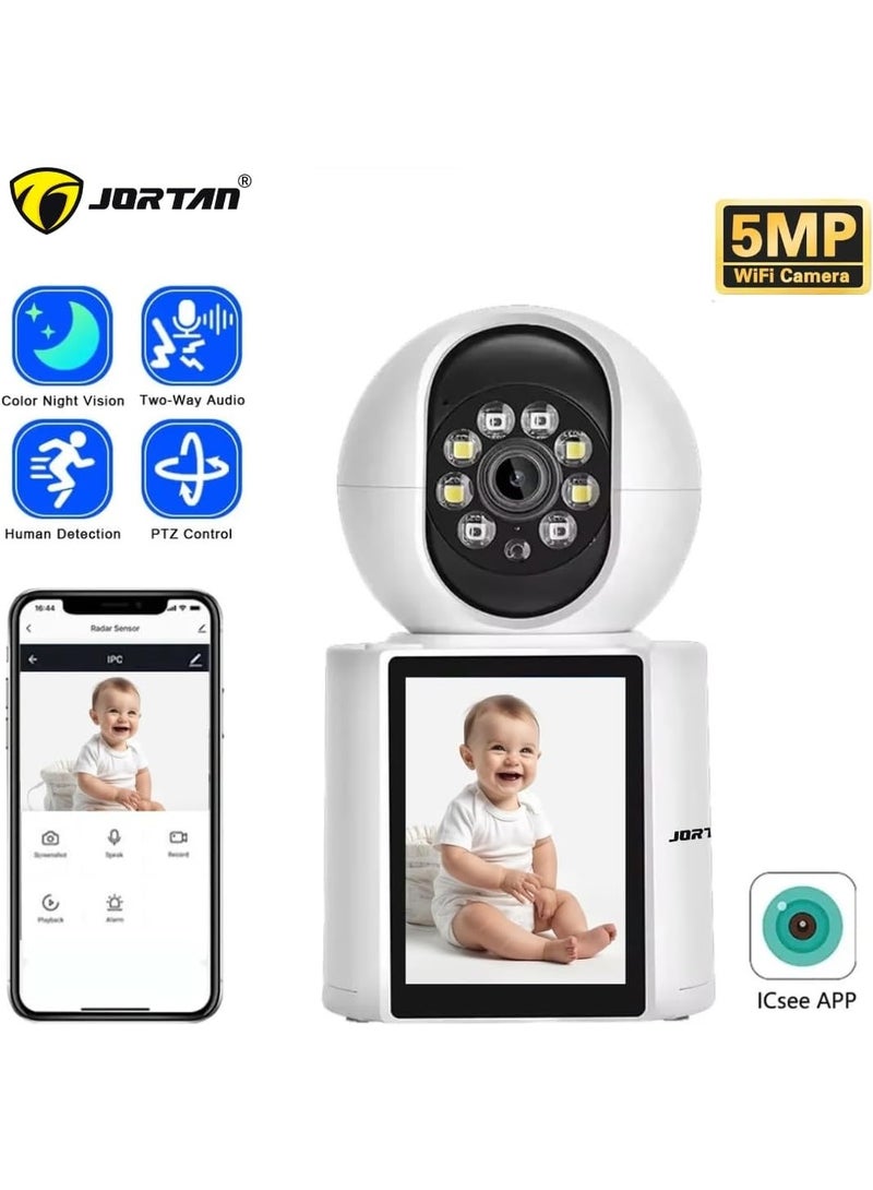 JORTAN 5MP Smart Video Call Camera with 2.8" LCD Display, Free Two-Way Video Calling, Auto Tracking, Motion Detection, Color & IR Night Vision, Mobile Alerts, HD Indoor Security Camera for Baby, Pet & Home Monitoring - Image 3