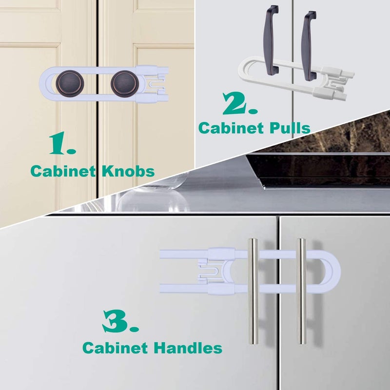 OKEFAN Sliding Cabinet Child Safety Locks - OKEFAN Baby Proofing Cabinet Lock Cupboard Latches for Kids on Closet Door Knobs Handles Pulls No Drill (8, White) - Image 5