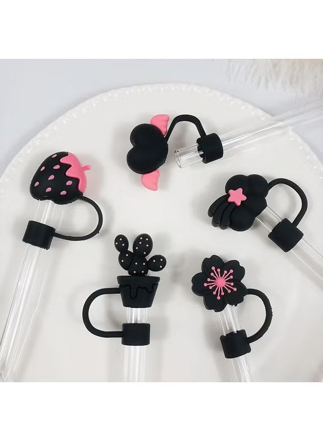 YJ 8 Pcs Cute Strawberry Heart Flower Straw Toppers 3D Decorative Dust-Proof Straw Covers Reusable Silicone Straw Caps for Daily Cup Stanley Cup Straw - Image 2
