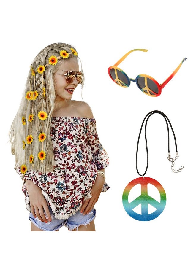 CHLINS 3 Pcs Women Hippie Costume Accessories Set Includes Hippie Sunglasses Flower Hippie Headband Peace Sign Necklace 60s 70s Outfits for Women(Sunflower)  - Image 1