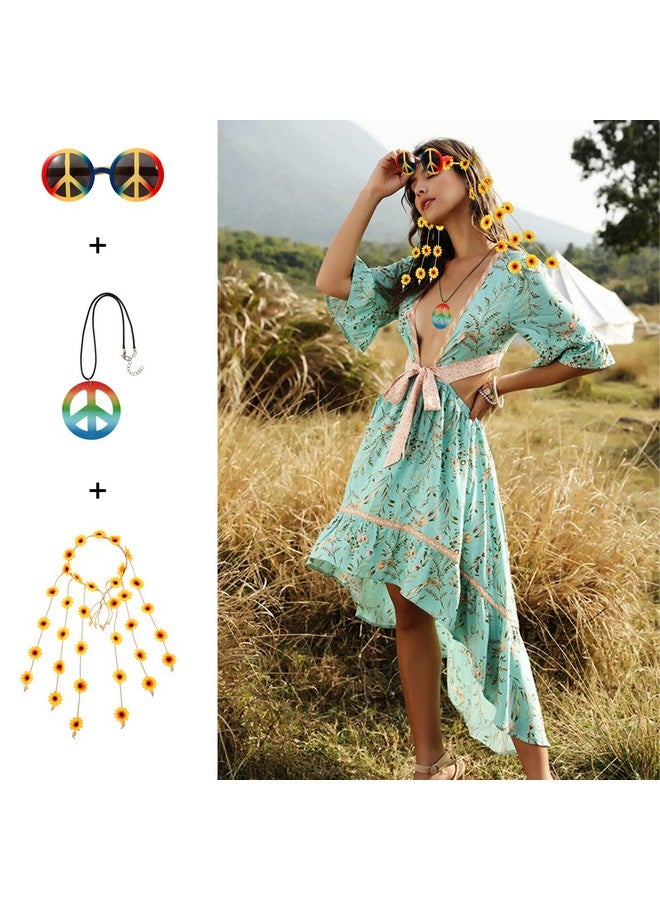CHLINS 3 Pcs Women Hippie Costume Accessories Set Includes Hippie Sunglasses Flower Hippie Headband Peace Sign Necklace 60s 70s Outfits for Women(Sunflower)  - Image 5