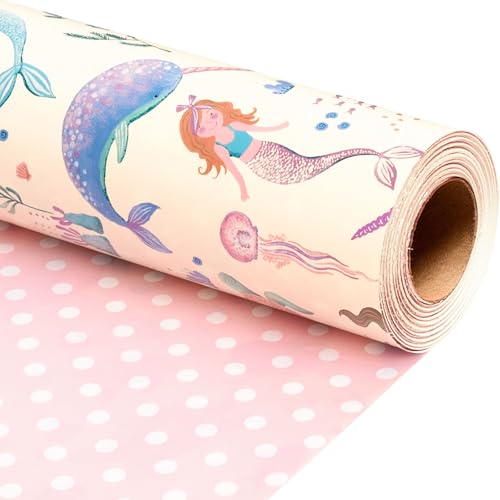 Flyhill Reversible Mermaid Wrapping Paper RollMetallic Foil WhaleTurtle and Sea Creature with Pink Polka Dot for KidsGirlsBirthdayBaby ShowerMini Roll17 IN x 165 FT - Image 5