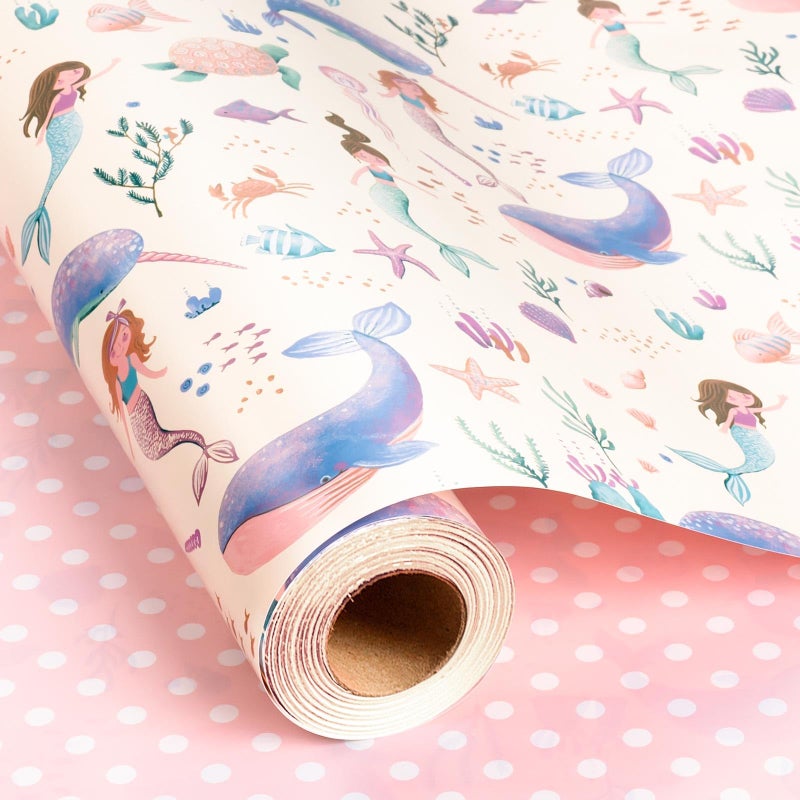 Flyhill Reversible Mermaid Wrapping Paper RollMetallic Foil WhaleTurtle and Sea Creature with Pink Polka Dot for KidsGirlsBirthdayBaby ShowerMini Roll17 IN x 165 FT - Image 3