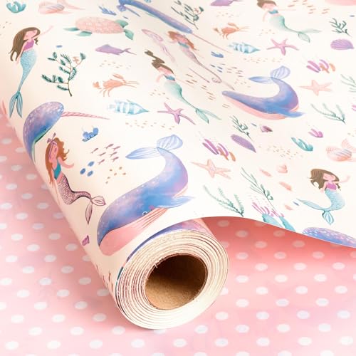 Flyhill Reversible Mermaid Wrapping Paper RollMetallic Foil WhaleTurtle and Sea Creature with Pink Polka Dot for KidsGirlsBirthdayBaby ShowerMini Roll17 IN x 165 FT - Image 2