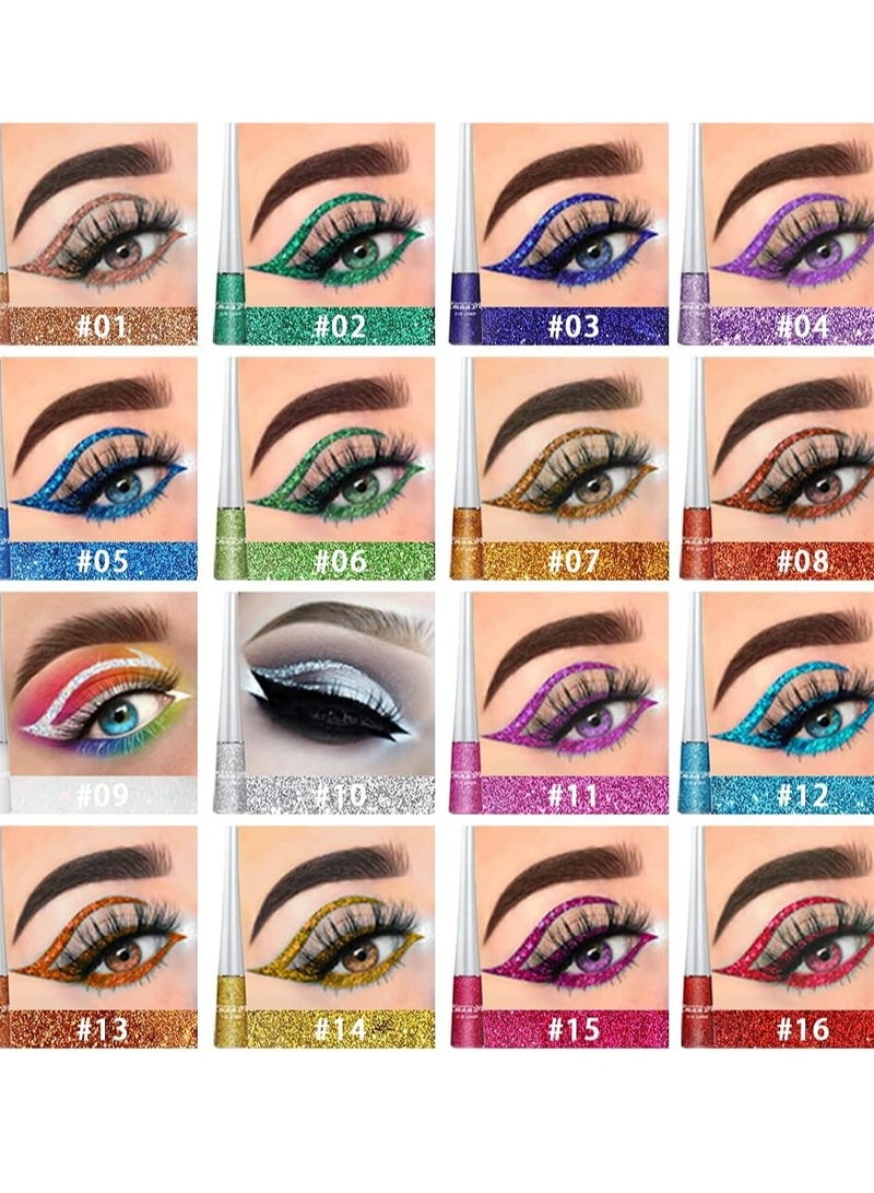 KSD Glitter Colors Pen Set Metallic Shimmer Eyeshadow Eyebrow Liquid Long Lasting Waterproof Face Lips Art for Party Festival Makeup 16 Colors Set - Image 2