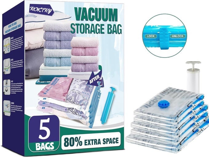 5 PCS TRANSPARENT MULTIPLE USES VACUUM COMPRESSION SPACE SAVER WATER PROOF ZIPPER STORAGE BAGS WITH HAND PUMP FOR CLOTHES COMFORTERS AND BLANKETS IN 3 DIFFRENT SIZES 2 SMALL 2MEDIUM 1 LARGE