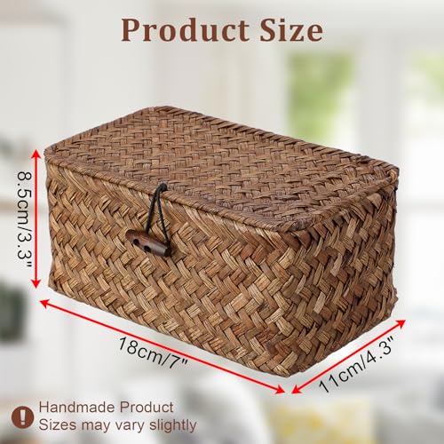 GUSHBIN Handwoven Seagrass Basket Wicker Shelf Basket with Lid Rectangular Multipurpose Desktop Organizer Bin for Key Remote Control, Small,7.0" x 4.3" x 3.3" - Image 3
