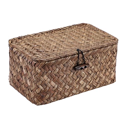 GUSHBIN Handwoven Seagrass Basket Wicker Shelf Basket with Lid Rectangular Multipurpose Desktop Organizer Bin for Key Remote Control, Small,7.0" x 4.3" x 3.3" - Image 1