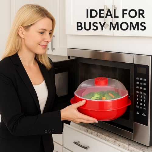 Home Style Microwave Steamer for Vegetables, Fish, Poultry & Rice – BPA-Free Healthy Oil-Free Cooking Container – Red – Dishwasher & Freezer Safe - Image 3