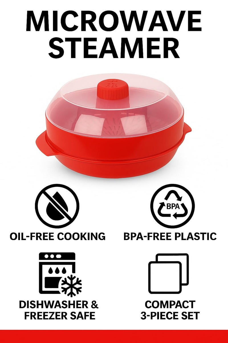 Home Style Microwave Steamer for Vegetables, Fish, Poultry & Rice – BPA-Free Healthy Oil-Free Cooking Container – Red – Dishwasher & Freezer Safe - Image 2