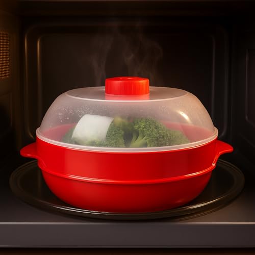 Home Style Microwave Steamer for Vegetables, Fish, Poultry & Rice – BPA-Free Healthy Oil-Free Cooking Container – Red – Dishwasher & Freezer Safe - Image 4