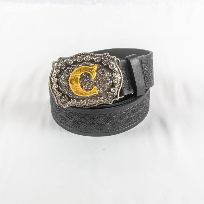 Unisex Black Leather Waist Belt Letter C