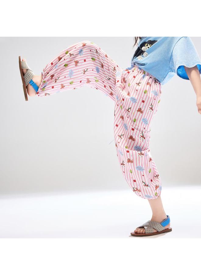 Ask Junior Kids Girls Spring Lantern Pants Casual Cropped Mosquito-proof Pink Striped Trousers 160