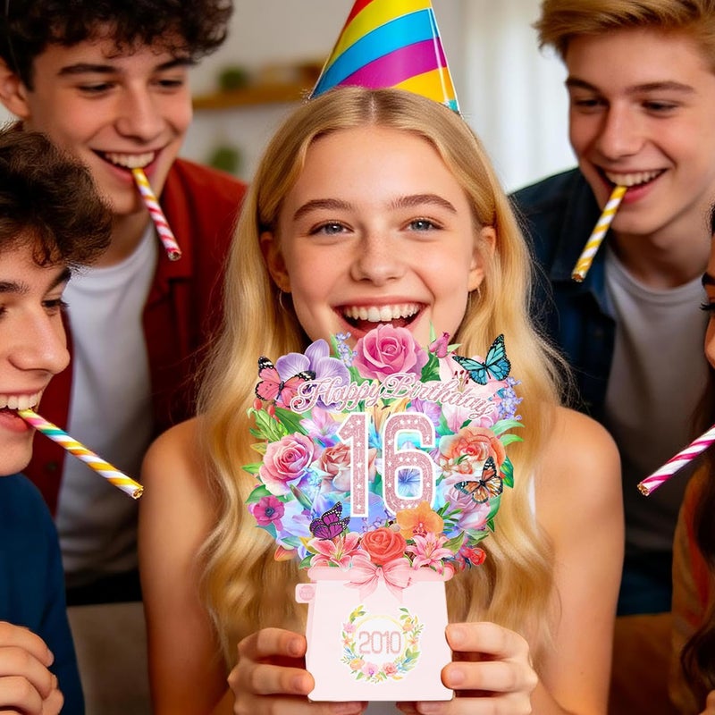 أولوسونغ بطاقات عيد ميلاد سادس عشر حلوة، بطاقة عيد ميلاد سعيد سادس عشر مع ضوء وموسيقى، وردة وزنبق وأوركيد وفراشات، باقة زهور أبدية بحجم حقيقي 10 بوصات ثلاثية الأبعاد منبثقة، هدايا عيد ميلاد للفتيات في سن السادسة عشرة - Image 5
