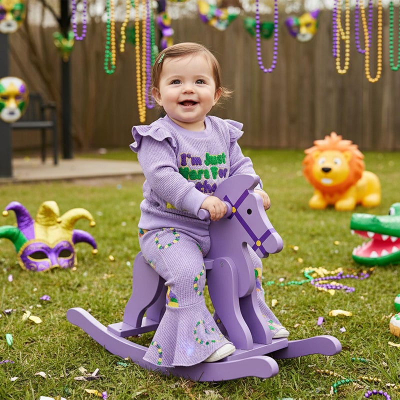 Socutebabe Toddler Girl Mardi Gras Outfit I'm Just Here For The King Cake Sweatshirt Long Sleeve Pullover Pants Cute Clothes (D-Purple, 18-24 Months) - Image 2