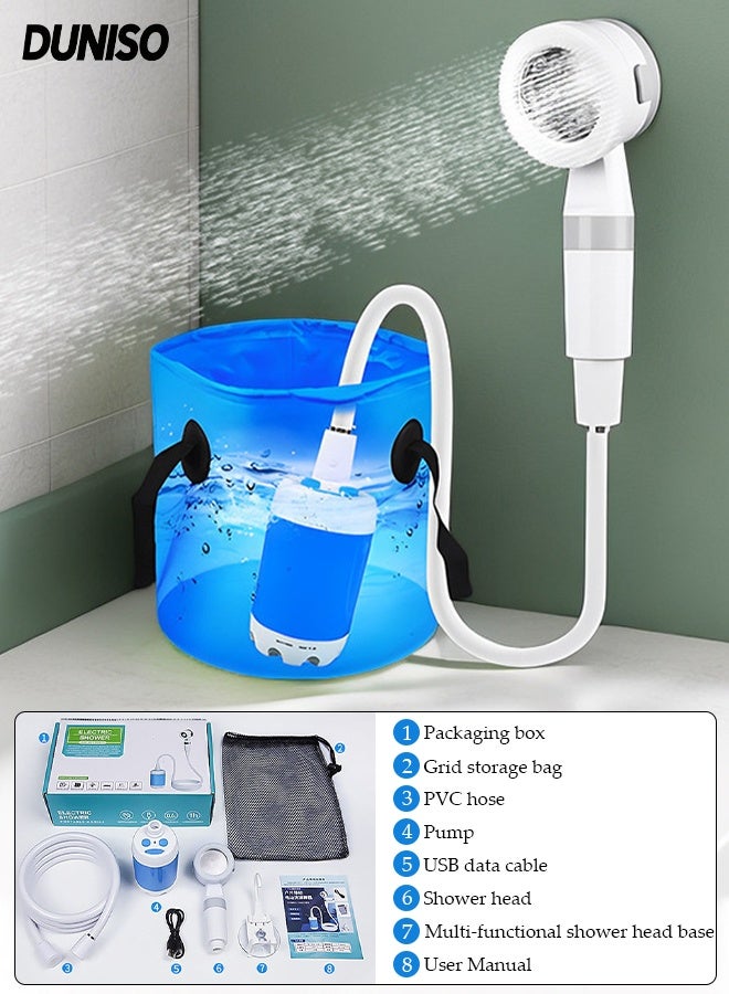 DUNISO Portable Bathroom Shower Set,Shower Pump with Shower Head, Rechargeable Portable Camping Outdoor Shower Sprayer Pumps Water from Bucket，Waterproof and Non Leakage，for Camping, Hiking, Travel, Car Washing Pet Cleaning - Image 1