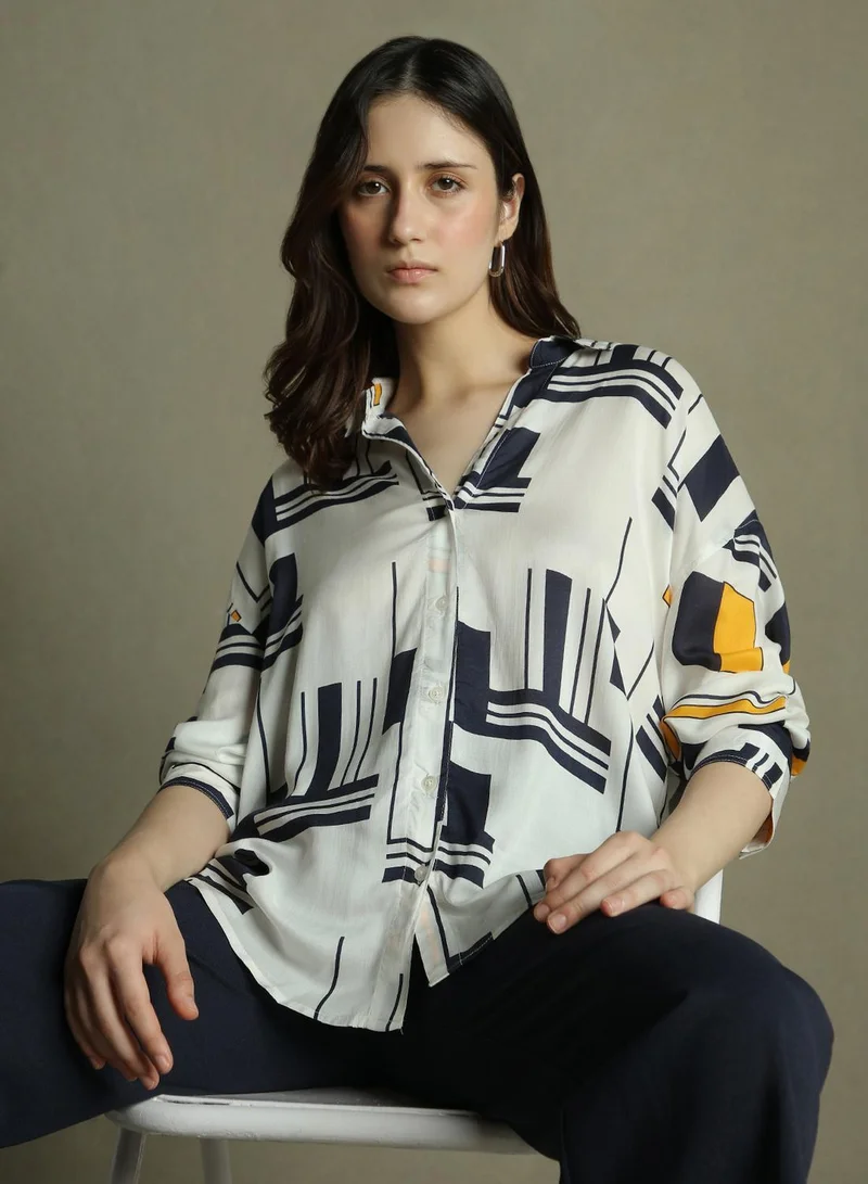 دينيس لينغو Women's Multicoloured Rayon Printed Oversized Shirt