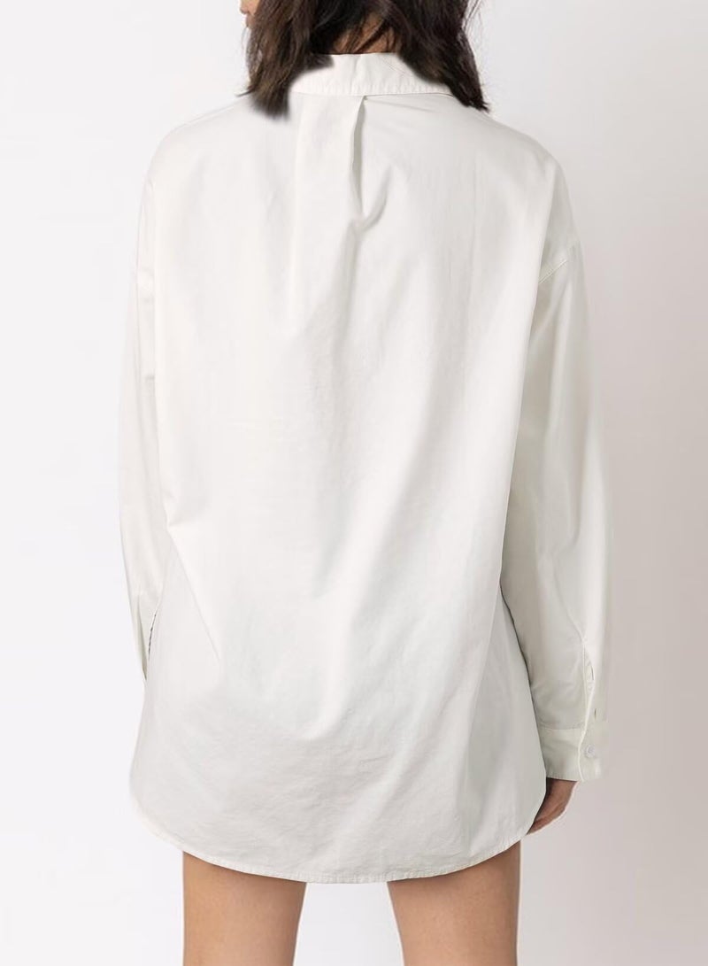 Astylish Women Denim Blouse Chambray Oversized Shirts V Neck Elegant Long Sleeve Basic Button Down Top White Large - Image 3
