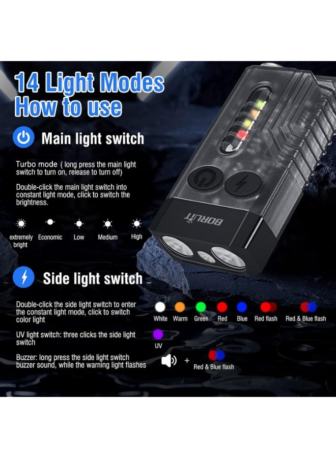 BORUIT V10 Ultra Powerful Rechargeable LED Torch 1000LM, Mini Keychain Flashlight with Magnet, 365NM UV Torch, 14 Modes IPX4 Waterproof, USB C Portable Flashlight - Image 5