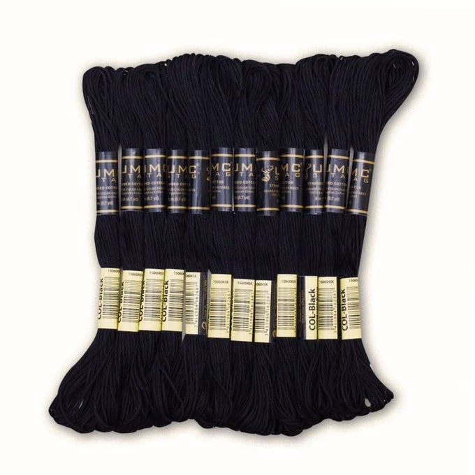 PACK OF 12 BLACK PREMIUM EMBROIDERY THREADS 100 EGYPTIAN COTTON PREMIUM SKEINS CROSS STITCH EMBROIDERY FLOSS OEKO TEX CERTIFIED STRANDED COTTON IDEAL FOR ARTS CRAFTS BLACK12