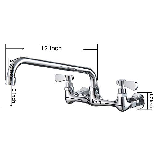 BWE Kitchen Faucet Wall Mount with 12 Inch Swivel Spout 8" Center 2-Handle Commercial Sink Faucet Mixer Tap Polish Chrome Utility Faucet - Image 2
